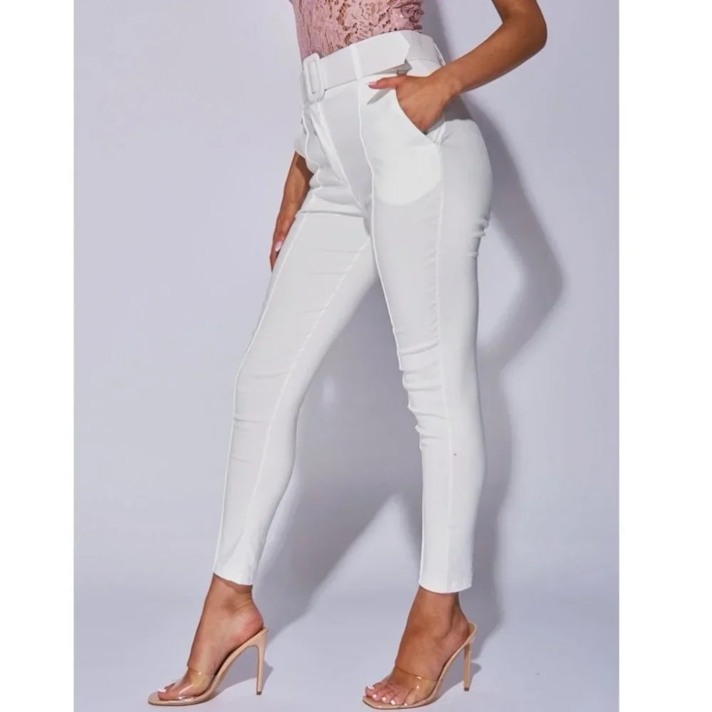 White High Waist Buckle Belt Tapered Cropped Straight Leg Ankle Pants - Picture 3 of 14